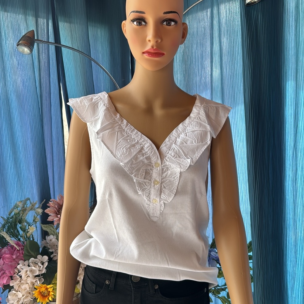 White ruffle v neck cotton white top. Loft brand new!